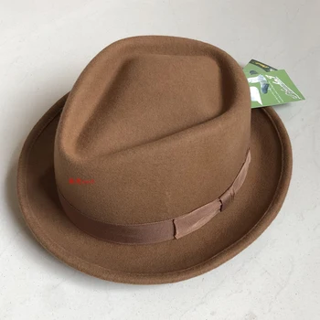 2019 Sunlynn moda de iarnă lână Plat-topped hat pentru barbati lana derby pălărie cu pene simțit bărbați cu pălărie
