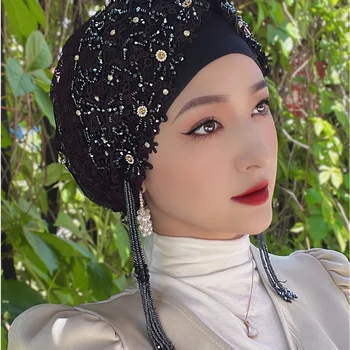 202209-yiman dropshipping canaf cu margele Malaezia mână cusute de cristal Musulman Mireasa Dantelă flori Hijabs Capac femei pălărie