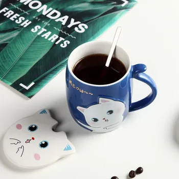 480ml Ceramica Pisica Drăguț Cana Cu Capac si Lingura de Cafea cu Lapte Cani de Ceai mic Dejun Cupa Cartoon Drinkware Noutate Cadouri