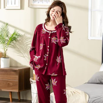 Acasă îmbrăcăminte șantiere mari integral din bumbac, pijamale pentru femei toamna și iarna de inalta clasa o-neck cardigan floral pentru femei pijamale