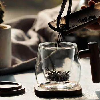 Creative Ceașcă de Cafea Filtru pentru Separarea Ceașcă de ceai Transparent Bază de Lemn cu Capac Whiskey Pahar de Vin, Sticla de Vin Set Flori Ceașcă de ceai