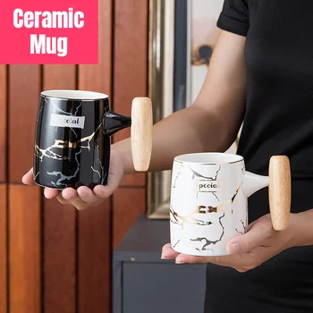 Creative Marmură rezistente la Căldură Cana Ceramica Cu Capac Si Lingura de Lemn se Ocupe de Cadou Mare Capacitate de Cafea Ceasca De Ceai Fierbinte de Apă