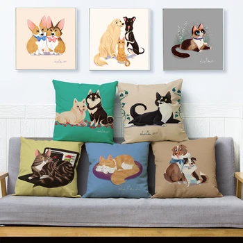 Desene animate drăguț Pisică și de câine față de Pernă fețe de Pernă de Pluș Scurt Perne Cazuri Decor Acasă Animale de Companie față de Pernă 45x45cm