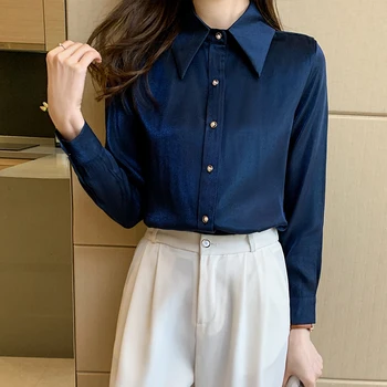 Femeile Coreene Cămăși De Mătase Bluze Din Satin Femei Maneca Lunga Bluze Femei Bluze Din Satin De Epocă Tricouri Femeie Albă Cămașă De Mătase 16824