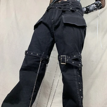Femeile Goth Punk Largi Cargo Blugi Harajuku Lanț De Metal Ochiuri Cu Dungi Multi Buzunare Picior Drept Pantaloni Din Denim Dropshipping