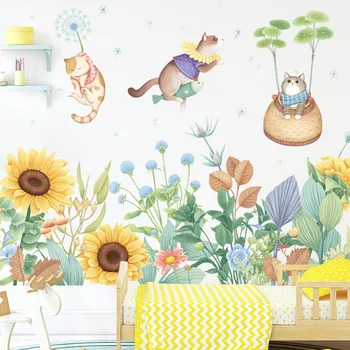 Floarea-soarelui Plinte Linie Autocolante de Desene animate Pisica Grădiniță Autocolante de Perete Pentru Camera Copiilor Tapet de Fundal de Plante de Papadie