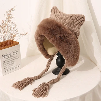Iarna Drăguț Urechi De Pisică Femei Pluș Îngroșat Tricotate Imitație De Blană Ciucure Panglica Fata Grosier Pălăria În Aer Liber Căldură Alb