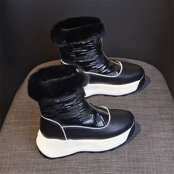 Iarna Nou Stil de Piele pentru Femei Cizme de Zăpadă Îngroșat Ține de Cald Cizme Scurte Student Sport de Agrement Negru Pantofi de Bumbac Dimensiune 34-40
