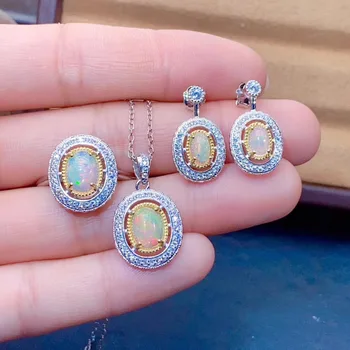 Implicarea Mai bun Cadou Set Opal Opal Natural set de bijuterii Naturale Reale Opal argint 925 1 buc pandantiv,1 buc inel,Cercel 2 buc