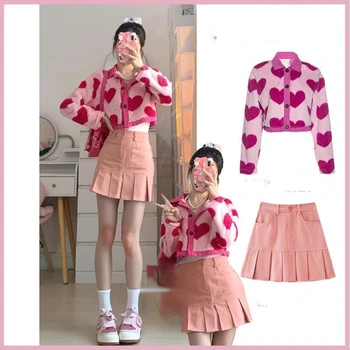 Ins Feminin Chic Stil coreean Dulce și Rece coreean Costum Roz Dragoste Pulover + Roz Plisata Fusta Scurta Fata de Două Bucata Costum