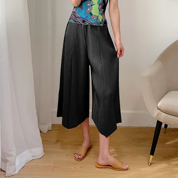 Miyake designer femei plisată pantaloni largi de vara noi drept-picior pantaloni de înaltă talie mid-pantaloni decora pantaloni