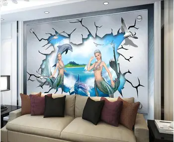 Personalizate pictura murala pe perete de hârtie 3 d Ocean Lume Sirena cu Delfin Zid de Caramida decor acasă foto Tapet în camera de zi