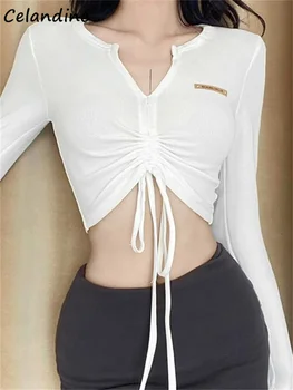 Rostopasca Cauzalitate V Gât cu Nervuri Trunchiate Topuri Femeile Cordon Bandaj Maneca Lunga T-shirt Y2K Streetwear Toamna Moda coreeană