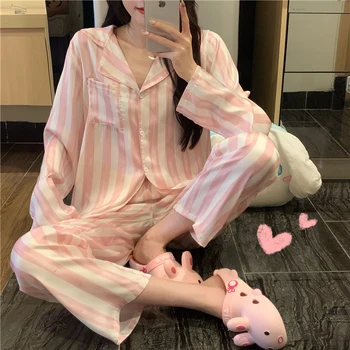 Toamna Moale Cu Dungi Set Pijama Femei Acasă Costum Pijamale 2 Piese Set Cu Maneci Lungi Pantaloni Largi Pijamale Doamnelor Homewear Topuri