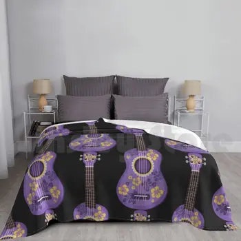 Ukulele Violet Decorate Pătură Pentru Pat Canapea Călătorie, Ukulele Siruri De Caractere Florale Banjo Muzica De Club Scoala De Muzica Coardă