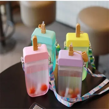 Vara Plastic Paie Popsicle Sticla De Apa Drăguț Inghetata Sticla De Apa Portabil Copii Sticle De Apă Pentru Fete Cu Curea De Paie