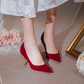 Vinul Roșu Mireasa Pantofi De Piele De Căprioară Pânză Stil Chinezesc Pompe De Nunta 2022 Cu Toc Stiletto Stras Decorate Unic De Pantofi Elegante