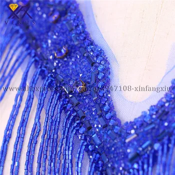 XFX VENUS vânzare Fierbinte nou albastru de mireasa brodate cu margele de cristal ciucuri stil V gât cu moda de culoare albastru cu margele aplicatii 1 buc