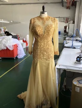 YNQNFS Elegant de Aur Mama de Mireasa Rochii de Perle Aplici Dantelă Mâneci Lungi Vestidos Spate Deschisă Sexy Rochie Formale MD341