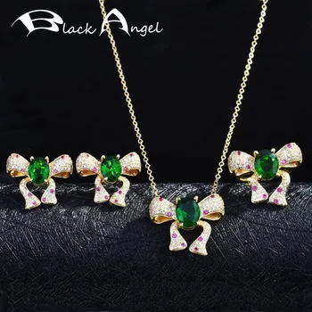 ÎNGER NEGRU de Lux Imitatie Smarald Bowknot Set de Bijuterii pentru Femei Inel Reglabil Mireasa Cercei Elegant Arc Pandantiv Colier